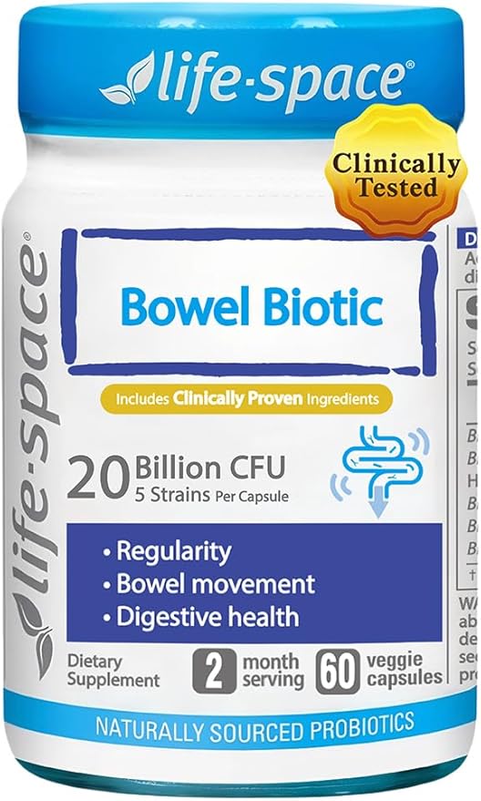 Life-Space Bowel Biotic Probiotics for Regularity 2-Month Serving 20 Billion CFU &amp 5 Strains Support Bowel Movement &amp Digestive Health Probiotics for Women and Men 60 Vegetarian Capsules