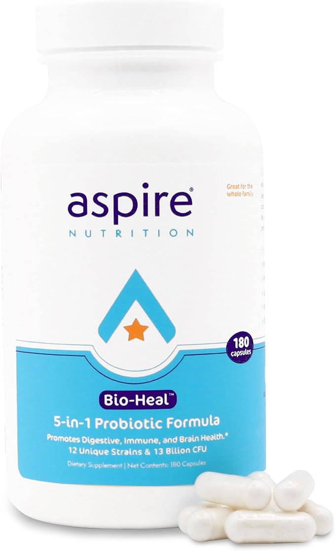 Aspire Nutrition 5-in-1 Bio-Heal® Probiotic for Kids Men &amp Women - Best Supplement for Brain Function Gut Health &amp Constipation - Shelf Stable &amp Fortified with Vitamin Mineral &amp Pre