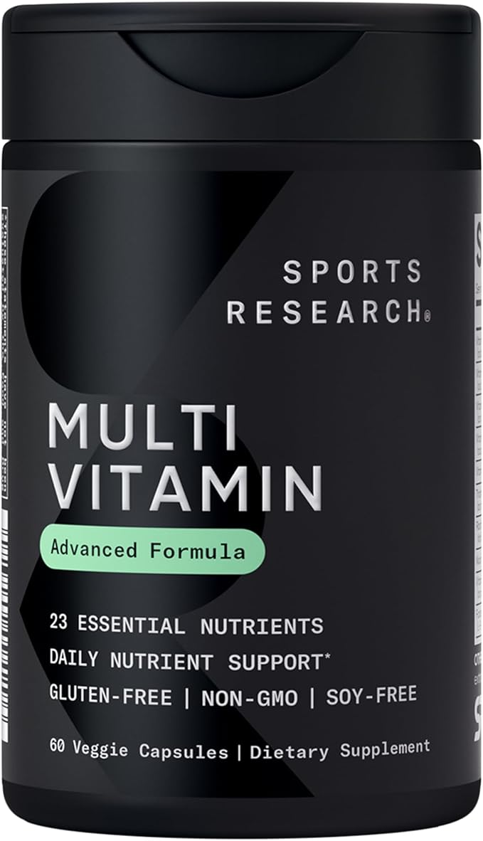 Sports Research® Multivitamin – Advanced Formula - 23 Essential Vitamins &amp Minerals with CoQ10 &amp Iodine - Daily Nutrient Support*- Non-GMO Tested &amp Gluten-Free -60 Veggie Capsules