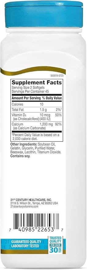 21st Century Calcium 600 + D Liquid Filled Softgels - 90 ct per Serving Pack of 3