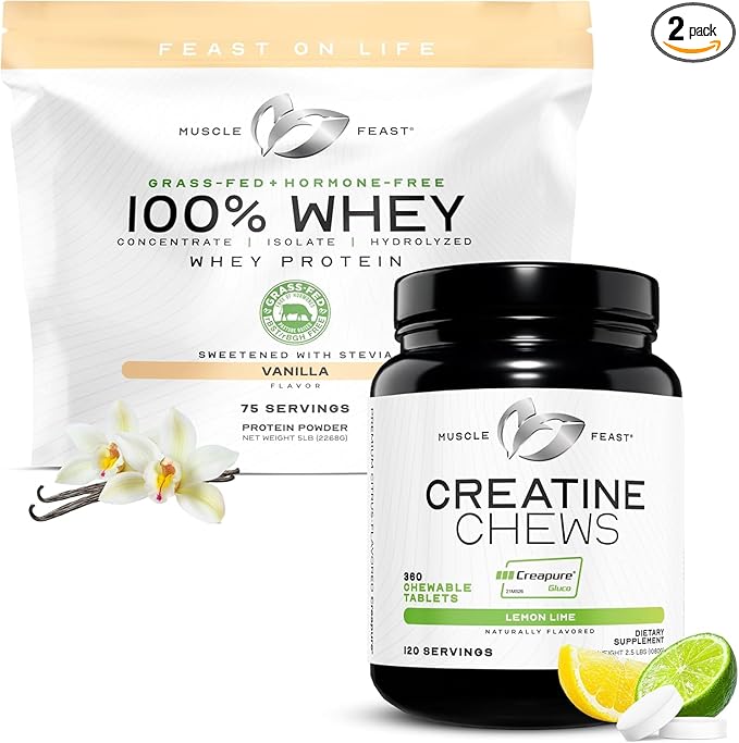 Muscle Feast 100% Whey + Creatine Candy Bundle: 1 100% Whey Protein (Vanilla 5lb) + 1 Creatine Candy (Lemon Lime 360) | Premium Supplements Vegetarian Gluten Free