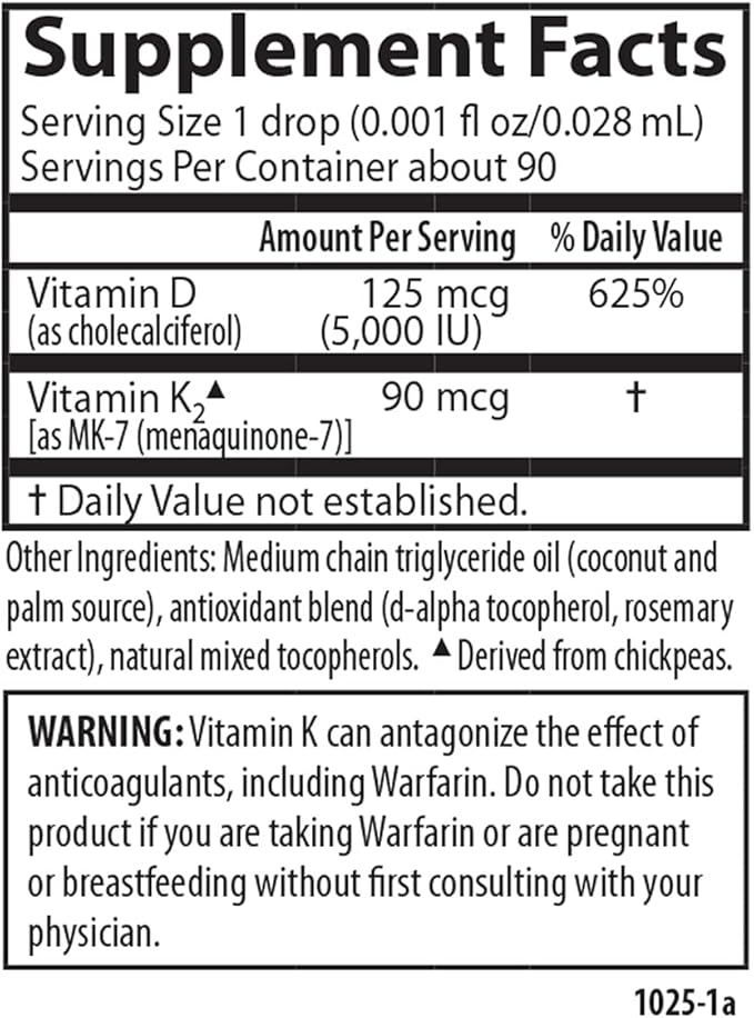 Carlson - Super Daily D3 + K2 125 mcg (5000 IU) Vitamin D3 90 mcg Vitamin K2 as MK-7 Bone Support 90 Liquid Drops (2.54 mL)