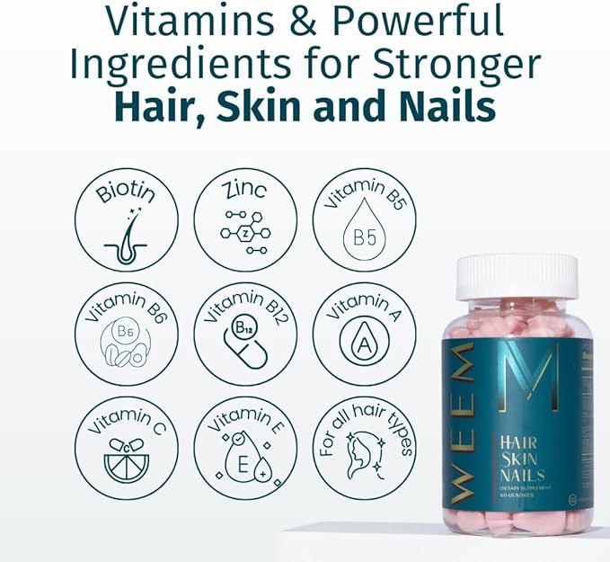 WEEM Hair Skin and Nails Gummies - Supports Healthy Hair - Vegan biotin Vitamins for Women &amp Men Supports Faster Hair Growth Stronger Nails Healthy Skin Extra Strength (2)