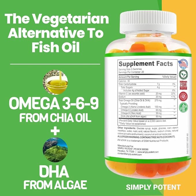 Simply Potent Omega 3 Fish Oil Gummies Plant Based Alternative to Cod Liver Oil Burpless Vegetarian DHA Chews for Adults and Kids Orange Lemon Flavor Supplement