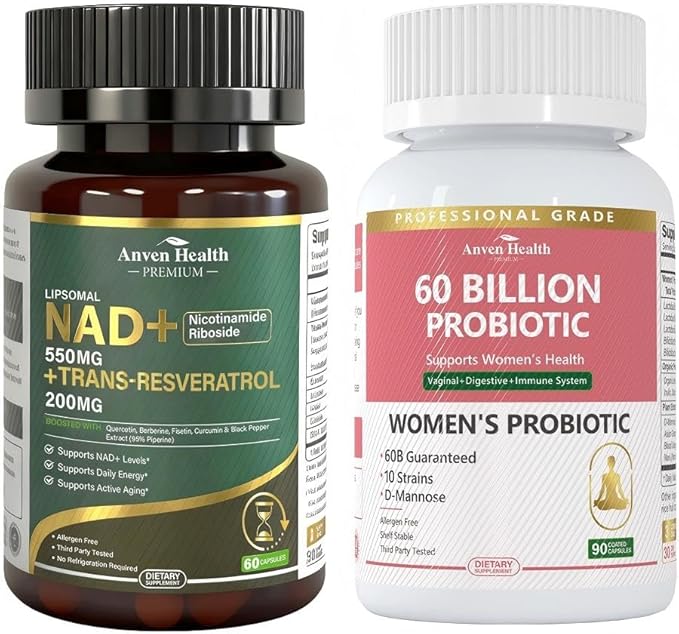 Probiotics and Organic Prebiotics for Women pH Balance &amp Digestion Liposomal NAD+ Nicotinamide Riboside Supplement 550mg with Trans-Resveratrol