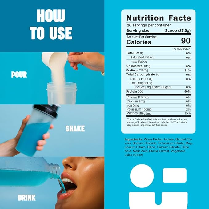 FLYTE Clear Whey Isolate Protein Powder Blue Raspberry Flavor | 20g Grass-Fed Whey Isolate + Electrolytes | No Added Sugar Gluten-Free 20 Servings