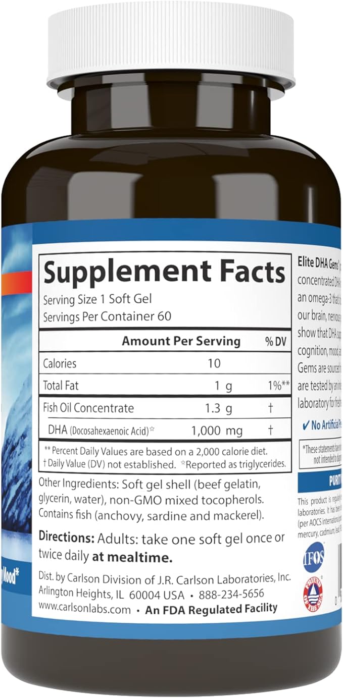 Carlson - Elite DHA Gems 1000 mg DHA Wild Caught Sustainably Sourced Brain Function &amp Healthy Vision 60 Softgels