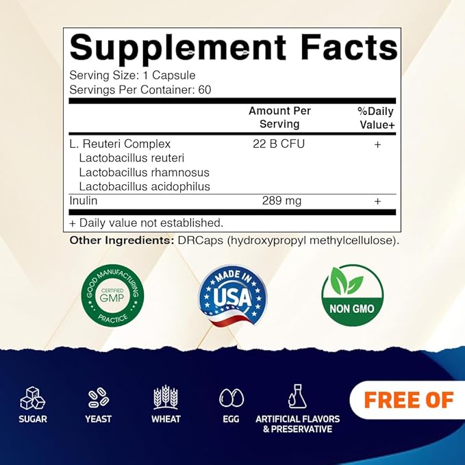 Vitamatic Lactobacillus Reuteri Complex – 22 Billion CFU per Delayed Release Capsule – 60 Capsules – Digestive &amp Gut Health Support – with Prebiotic Inulin Fiber - 2 Pack