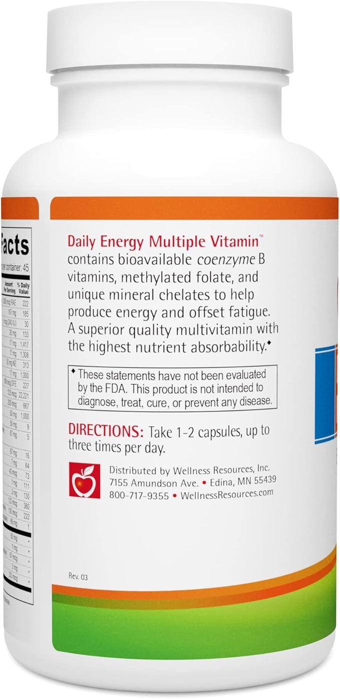 Wellness Resources Daily Energy Multiple Vitamin - 90 Capsules - Methylated Daily MTHFR Multivitamin Without Iron - Vitamin B12 Folate &amp Bioavailable B Vitamins - Best Supplement for Energy &amp