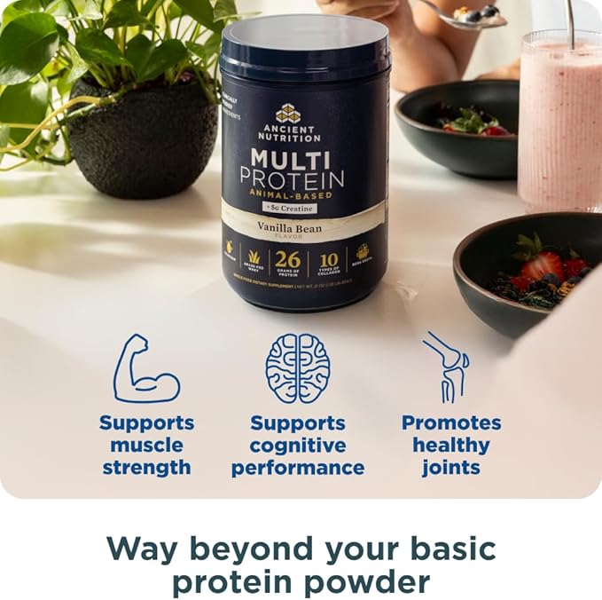 Ancient Nutrition Multi Protein Animal Based Powder + Creatine 26g Protein Grass Fed Whey Bone Broth Collagen Peptides 5g Creatine Monohydrate Colostrum &amp Probiotics Vanilla Bean 15 Servin