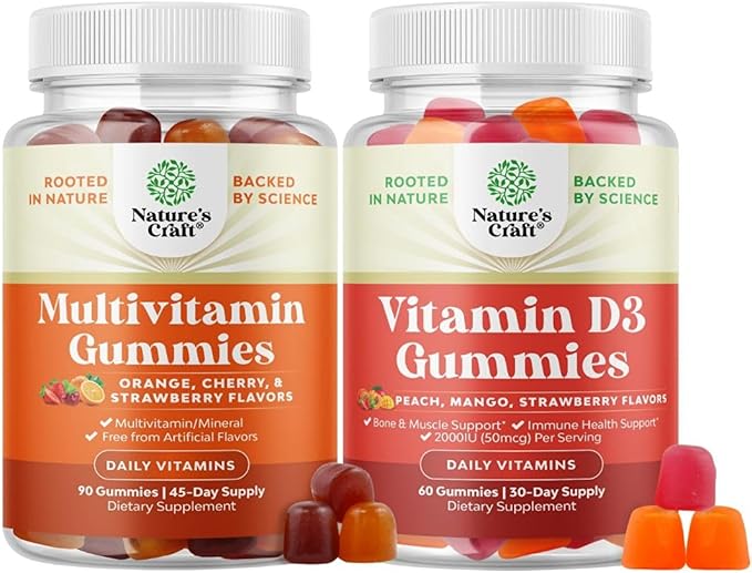 Bundle of Multivitamin Gummies for Adults - Halal Multivitamin Gummy with B12 Biotin and Vitamin D3 Gummies for Daily Wellness - Delicious D Adults with 2000IU per Serving Bone Muscle &amp Immune Sup