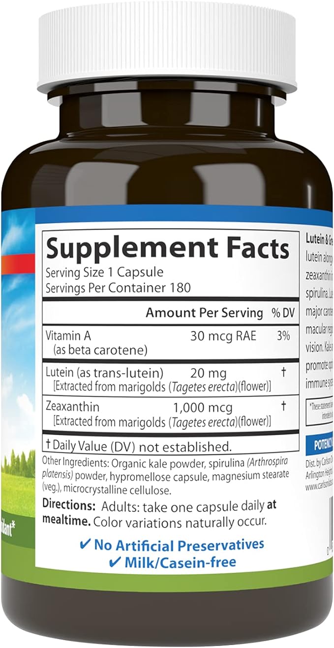 Carlson - Lutein &amp Greens 20 mg Vision Support &amp Eye Function Antioxidant 180 Vegetarian Capsules