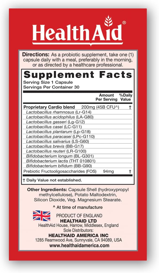 HealthAid CardioProbio – Heart &amp Microbiome Support Probiotic Supplement 45 Billion CFU 12 Vegan Strains + Prebiotic 30 Vegetarian Capsules