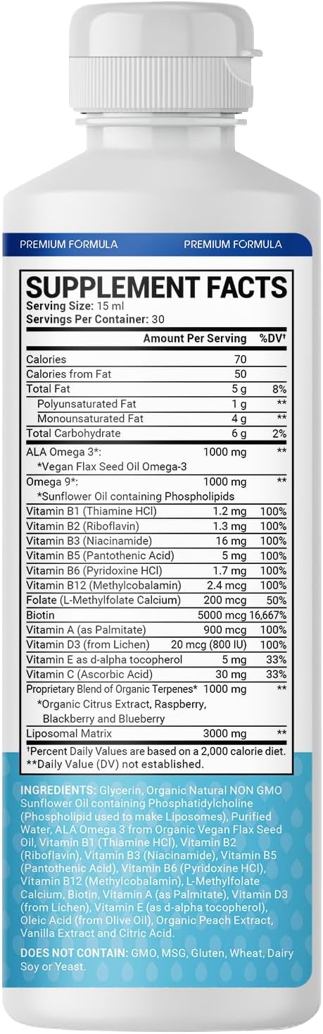 Men's Multivitamin - Liquid Supplement - Liposomal Delivery - Daily Multi Vitamin with Biotin B Complex Omega-3 - Hair &amp Nail Support Vitamin - Peach Flavor - 3000 mg per Serving - 450 mL