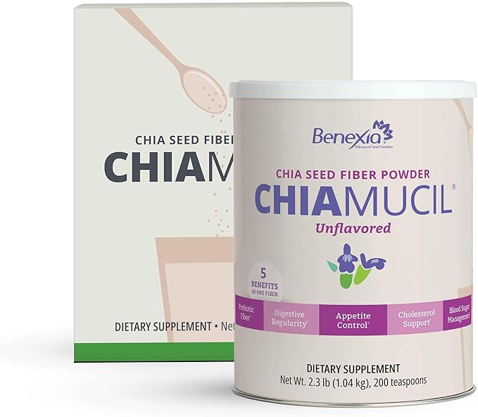 Chiamucil Prebiotic Chia Fiber Supplement Powder – For Appetite Control &amp Digestive Health – Chia Fiber &amp Chicory Root (Inulin) – Gluten &amp Sugar Free Vegan Non-GMO Unflavored - 100 serv