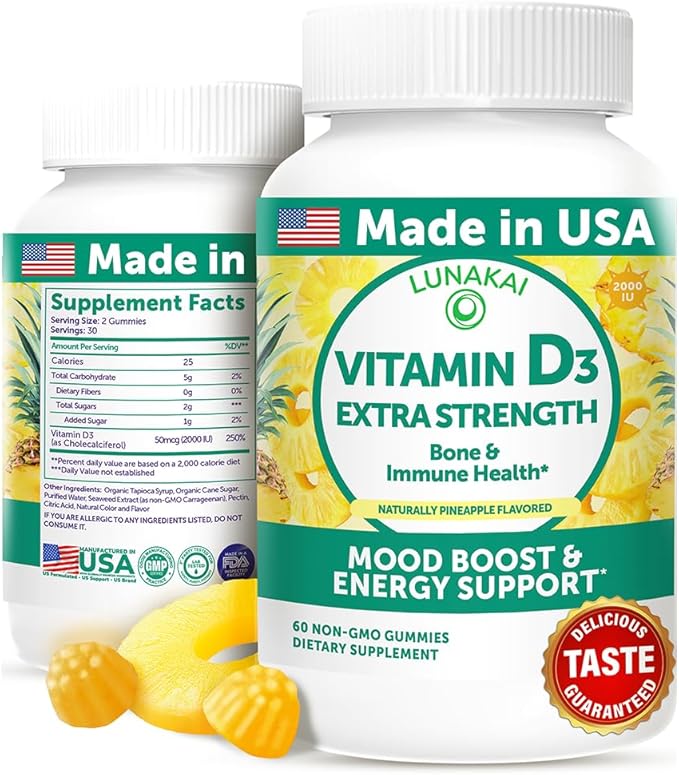 Lunakai USA Made Vitamin D3 Gummies 2000 IU - Non-GMO Gluten-Free Vitamin D Gummies for Women &amp Men - Bone Immune &amp Energy Support 60ct