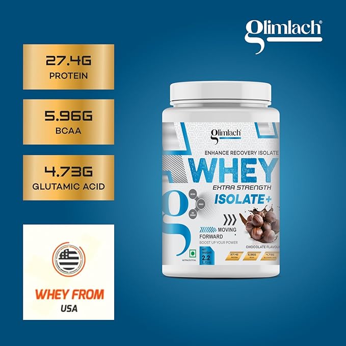 GLIMLACH Whey Extra Strength Isolate + Protein Powder for Muscle Support &amp Recovery Vegetarian - Primary Source Whey Isolate (2.2LBS Chocolate)