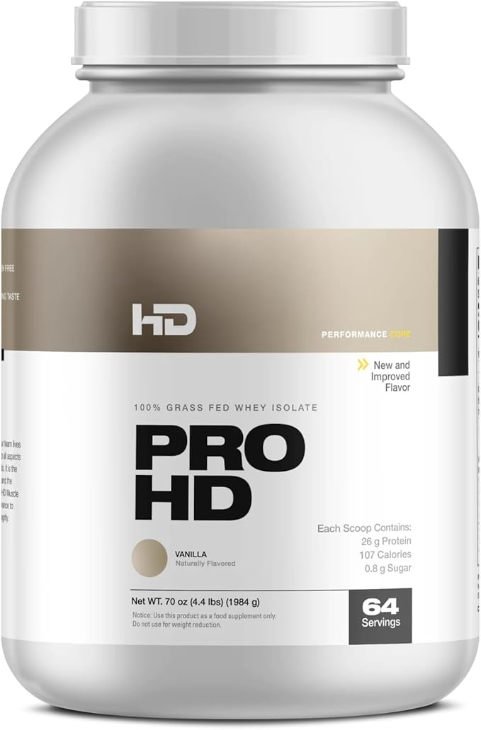 HD MUSCLE ProHD Protein | 100% Grass Fed Whey Isolate | 25g Protein 110 Calories 0g Fat | Zero Fillers or Amino Spiking | 4.4 Pound 64 Servings (Vanilla)