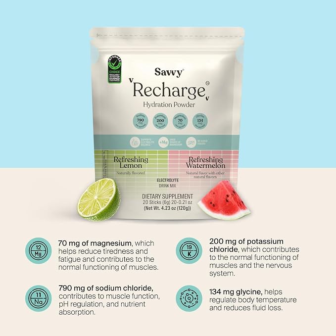 SAVVY Bone Broth Power Chocolate Protein Powder 23g Protein 12g Collagen &amp Recharge Electrolyte Powder Sugar Free Hydration Drink with Sodium Magnesium Potassium (Variety (Lemon + Watermelon)