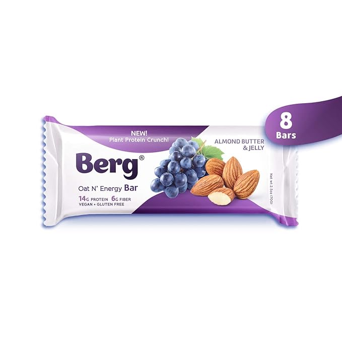 Berg Oat N' Energy Bar | Almond Butter Jelly | Plant Based Protein Bar | Non-GMO Gluten Free Nut Free and Vegan | Low Sugar Healthy Snack Bar | High Fiber | On The Go | 2.5oz (8 Packs)