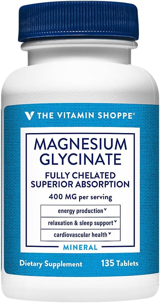 The Vitamin Shoppe Magnesium Glycinate 400 MG - Muscle Relaxation Bone Health &amp Calm Support Gentle on Stomach (135 Tablets)