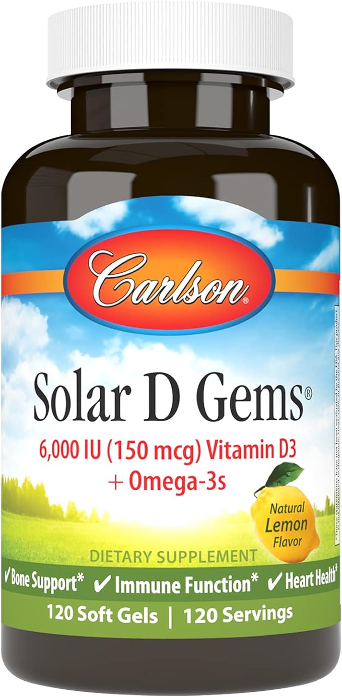 Carlson - Solar D Gems Vitamin D3 and Omega-3 Supplement 6000 IU (150 mcg) Vitamin D3 115 mg Omega-3s EPA and DHA Supplement Wild Caught Sustainably Sourced Lemon 120 Softgels