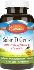 Carlson - Solar D Gems Vitamin D3 and Omega-3 Supplement 6000 IU (150 mcg) Vitamin D3 115 mg Omega-3s EPA and DHA Supplement Wild Caught Sustainably Sourced Lemon 120 Softgels