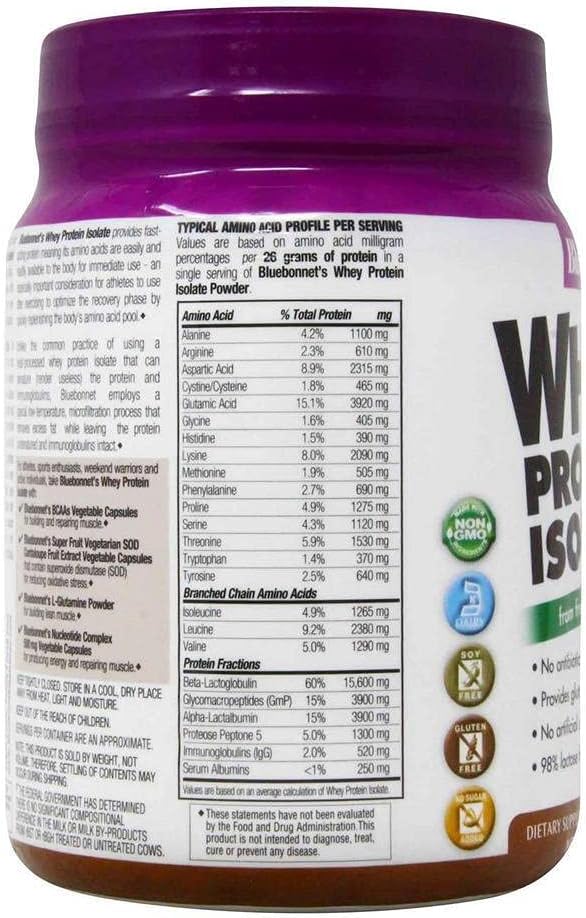 Bluebonnet Nutrition Whey Protein Isolate Powder Whey From Grass Fed Cows 26g of Protein No Sugar Added Gluten Free Soy free kosher Dairy 1 Lb 14 Servings Chocolate Flavor