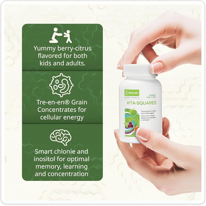 NeoLife Vita-Squares - Chewable Multivitamin for Kids 18 Essential Vitamins &amp Minerals Iron Zinc Vitamin D3 B-Complex Vitamin for Kids MultiVitamin C &amp E Berry-Citrus Flavor 180 Tablet