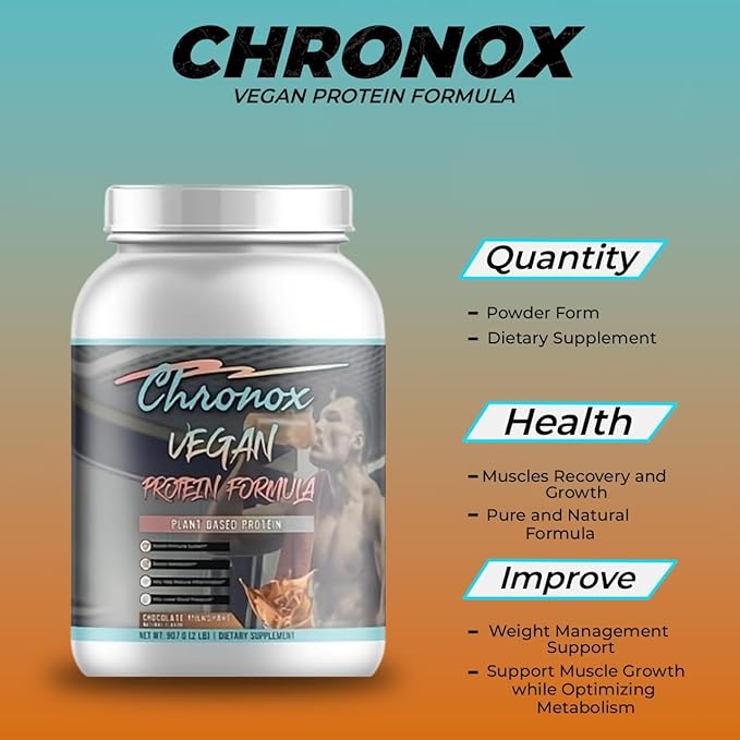 Chronox Vegan Protein Powder-Chocolate Flavor Plant-Based Protein Formula for Muscle Support &amp Recovery Smooth Mixing Pre &amp Post Workout Nutrition 2 LB