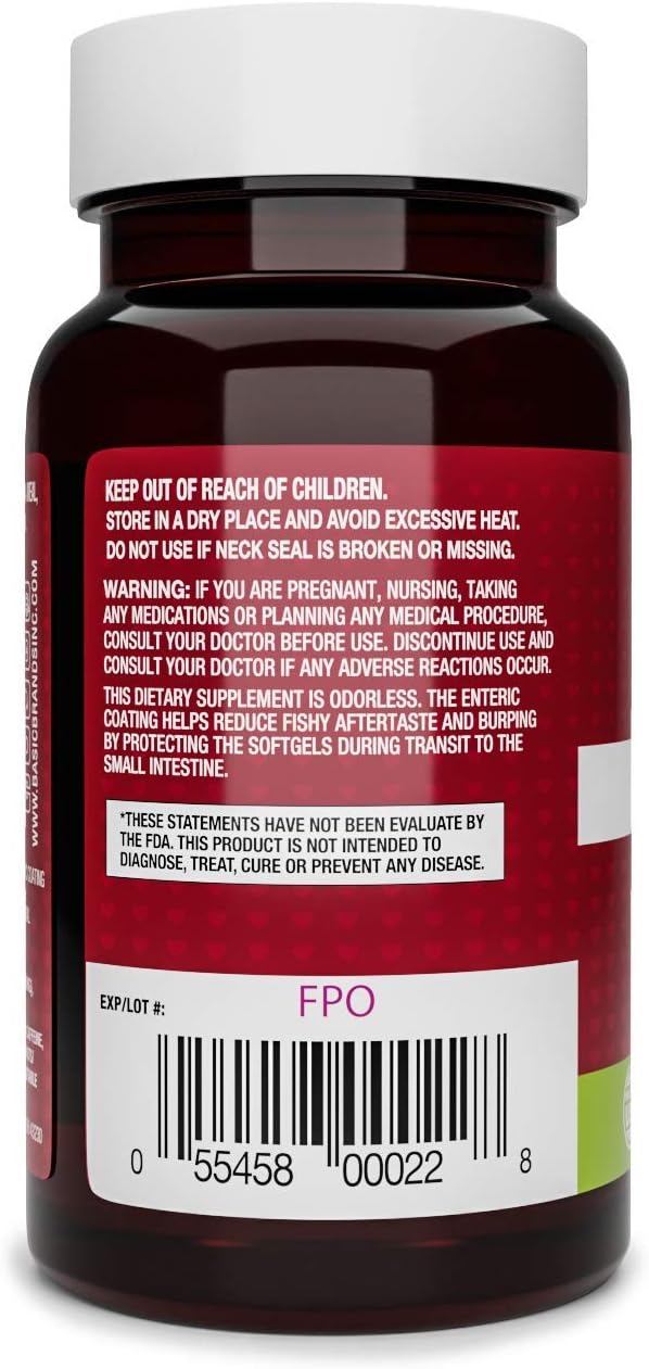 Basic Brands Smart Heart Odorless Omega-3 Fish Oil 1000mg - Triple Strength EPA &amp DHA Non-GMO Heart &amp Cognitive Support - 90 Burpless Softgels - 2-Pack