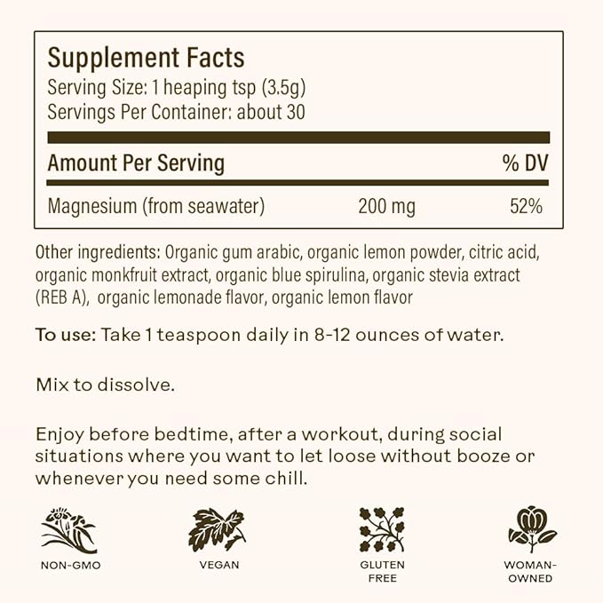 Wooden Spoon Herbs Magic Magnesium Citrate Powder Drink Mix (Blue Lemonade) | 200mg Sea-Sourced Magnesium | Relaxation Hydration &amp Digestive Support | Easy Mix Magnesium Supplement Powder | 3.7oz