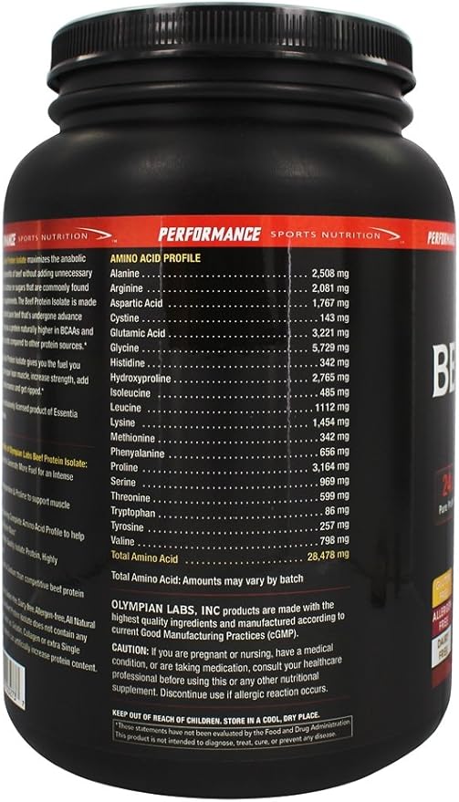 Olympian Labs Beef Protein Isolate Powder 24g Protein BST Free 2 Grams BCAA's Muscle Building Amino Acids 1 Pound Flavored with Real Chocolate