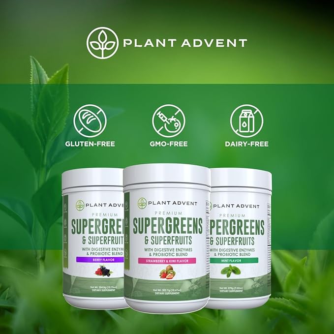 Premium Supergreens and Superfruits Powder with Digestive Enzymes and Probiotics (Strawberry &amp Kiwi). Manufactured by NutriDyn.