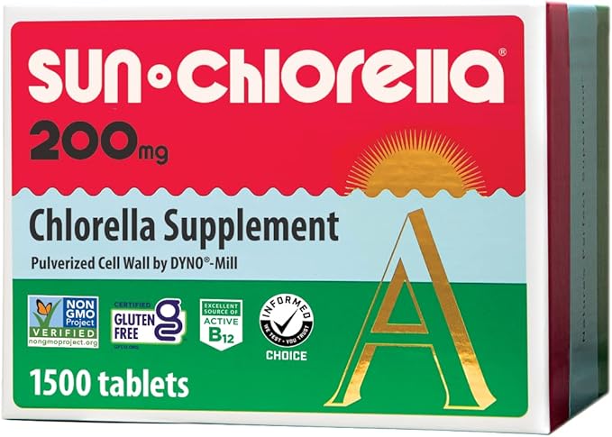 Sun Chlorella 200 mg Green Algae Superfood Supplement - Pulverized Cell Wall - Chlorophyll CGF Active B12 Iron Protein - Non-GMO - 1500 Tablets