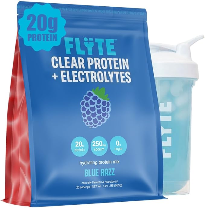 FLYTE Clear Whey Isolate Protein Powder Blue Raspberry Flavor | 20g Grass-Fed Whey Isolate + Electrolytes | No Added Sugar Gluten-Free 20 Servings
