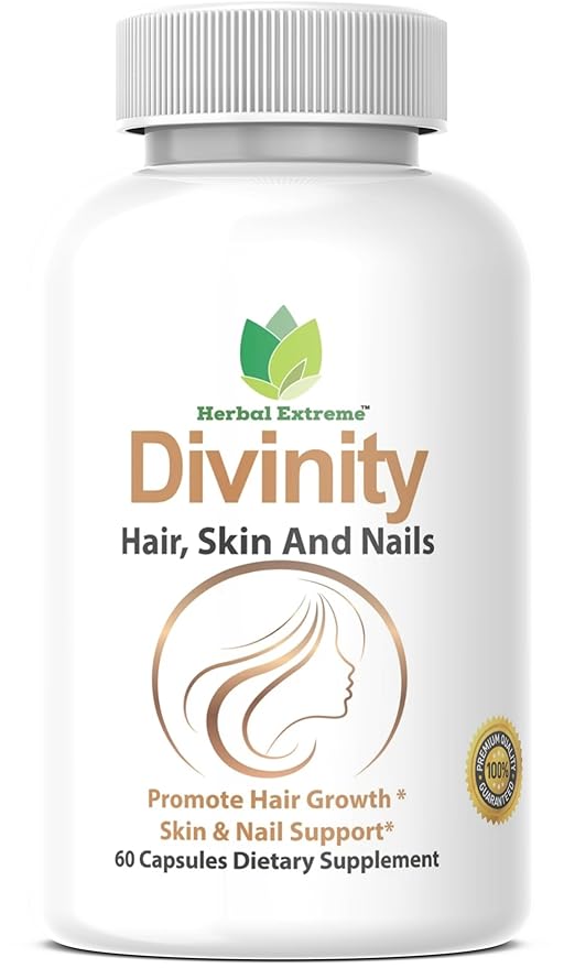 Divinity Hair Skin and Nails 60 Capsules 5000 mcg Biotin P-amino Benzoic Acid Horsetail extract Fo-Ti Bamboo extract Stinging Nettle Chinese Peony Spirulina Saw palmetto