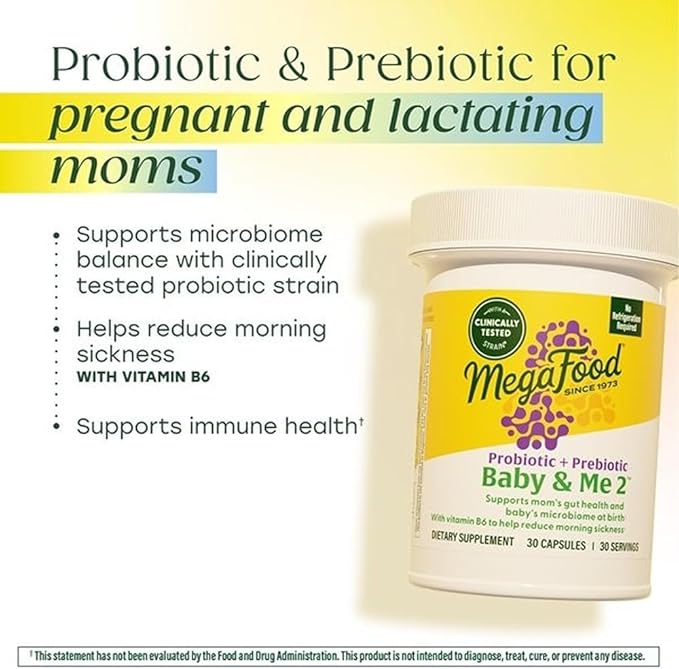 MegaFood Baby &amp Me 2 Prenatal Probiotic Vegetarian Pregnancy Prebiotics and Probiotics for Women Digestive Health &amp Immune Support with Vitamin B6 for Morning Sickness Relief 30 Capsules