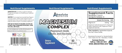 Absolute Nutrition Magnesium Complex - Magnesium Oxide Citrate and Glycinate for Muscle Nerve &amp Cardiovascular Health - 60 Caps