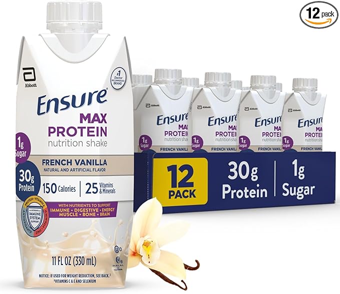 Ensure Max Protein Shake | French Vanilla | Ready to Drink | 30g Protein for Muscle Health | 1g Sugar 4g Fiber | 11 fl oz 12 Pack