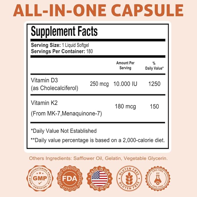 Health Dose Vitamin D3 10000 IU + K2 (MK7) Supplement 2-in-1 Formula Immune Support a Healthy Mood Heart Joint Teeth Bone Health Calcium Absorption 180 softgels. (5)