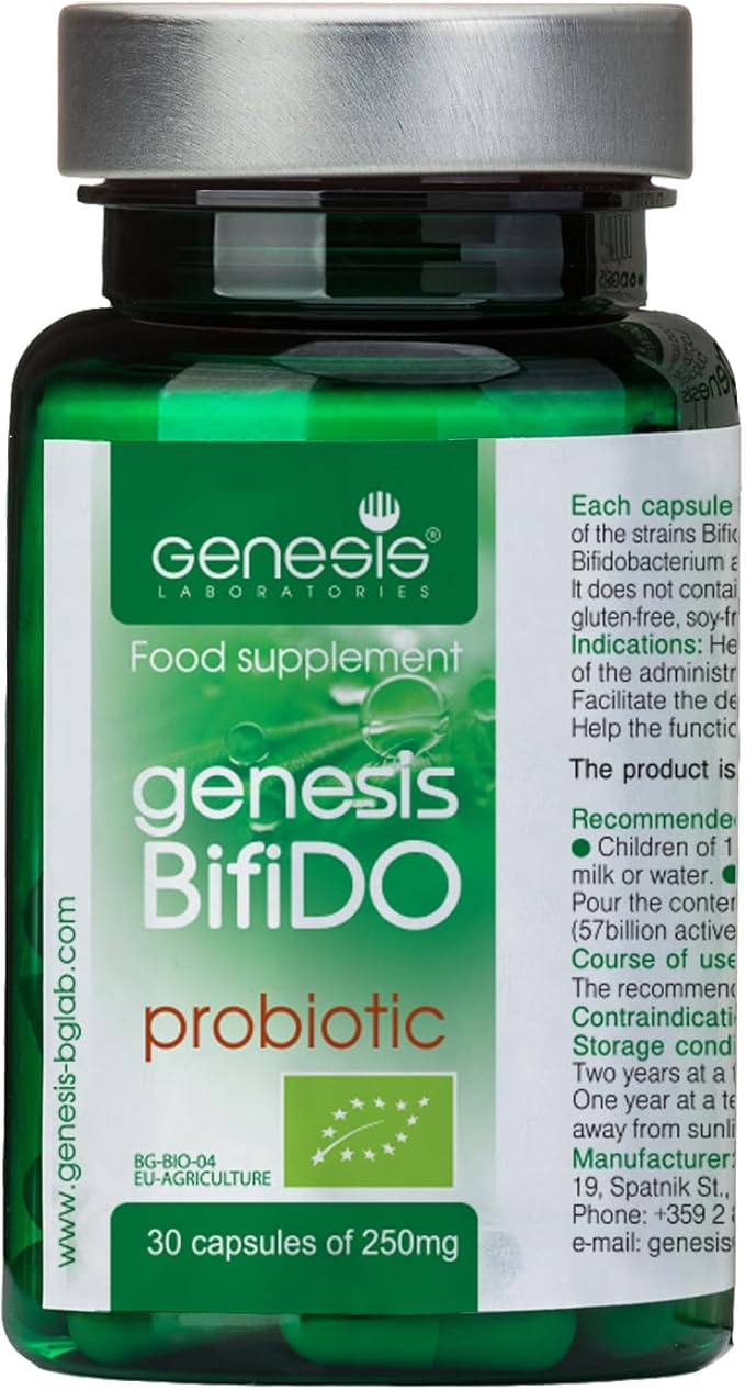 Genesis Bifido Bio Vegan Probiotic with Lactobacillus and Bifidobacterium Strains May Support Gut Helth Digestion Immune System 250 Mg per Capsule 30 caps
