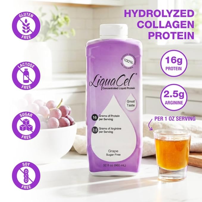 LiquaCel Concentrated Liquid Protein Grape Flavor Ready-to-Drink 16g Hydrolyzed Collagen Protein and 2.5g Arginine Per 1oz Serving Sugar &amp Gluten Free 32 fl oz Bottle