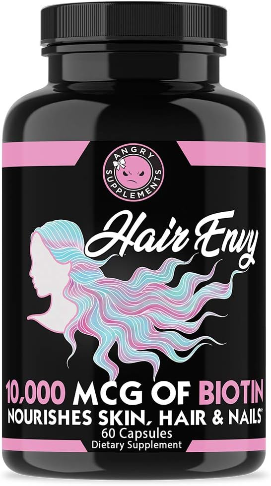 Angry Supplements Hair Envy 10000 mcg Biotin + Keratin Grow + Hydrate Hair Strengthen Thicken Nails Clear &amp Nourish Skin – Help Damaged Thinning Hair (3-Bottles)