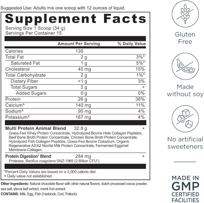 Ancient Nutrition Multi Protein Animal Based Powder 26g Protein Grass Fed Whey Bone Broth Collagen Peptides Colostrum &amp Probiotics Supports Joint &amp Gut Health Milk Chocolate 15 Serving