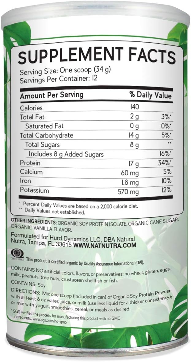 Natural Nutra Organic Vegan Plant Based Soy Protein Source Powder Support Midlife Transition Supports Bone and Improves Cardiovascular Health Gluten Free Non GMO Sugar-Free 14.4 OZ.