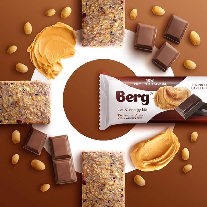 Berg Oat N' Energy Bar | Peanut Butter &amp Dark Chocolate | Plant Based Protein Bar | Non-GMO Gluten Free Nut Free and Vegan | Low Sugar Healthy Snack Bar | High Fiber | On The Go | 2.5oz (8 Pack
