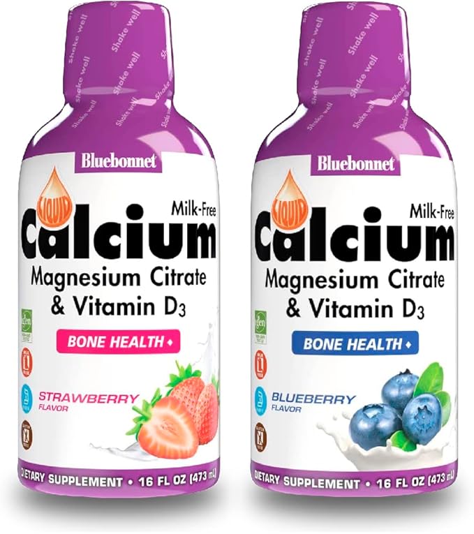Bluebonnet Nutrition Liquid Calcium Citrate Magnesium Citrate Vitamin D3- Bundle of Blueberry Flavor and Strawberry Flavor 2 Bottle of 16 Fl Oz Each (32 Fl Oz Total)