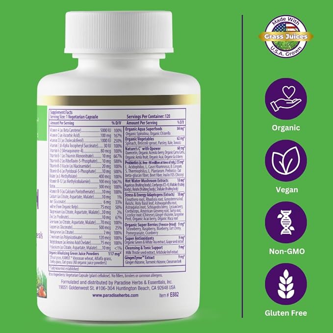 Paradise Herbs Earth's Blend Women's Once Daily Multivitamin with Iron 48 Organic Superfoods Probiotics Antioxidants Vitamins A B12 C D K2 120 Capsules