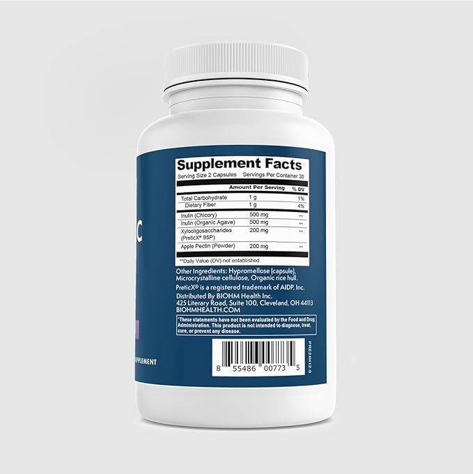 BIOHM Prebiotic Fiber Supplement (60 Capsules) 4 Diverse Dietary Fibers to Support Probiotic Environment Helps Improve Gut Health and Immune System Includes Inulin &amp Apple Pectin Powder